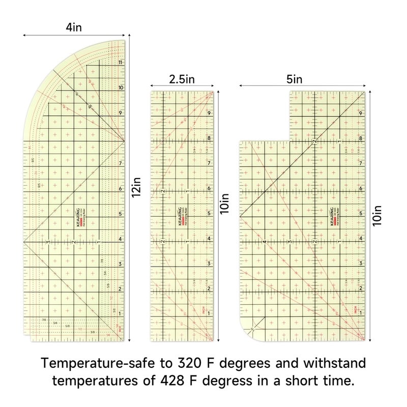 KEARING , 3 Pieces Hot Hem Ruler for Sewing, 10 Inch & 12 Inch, Patented Heat Resistant Non-Slip Hot Ironing Ruler for Measure, Mark, Fold, Press with Dry or Steam Iron - Image 2